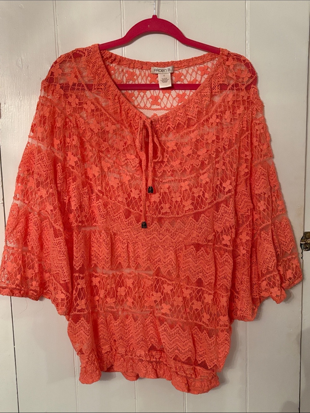 Arden B Apricot Lace Peasant Blouse with Tie front EUC S